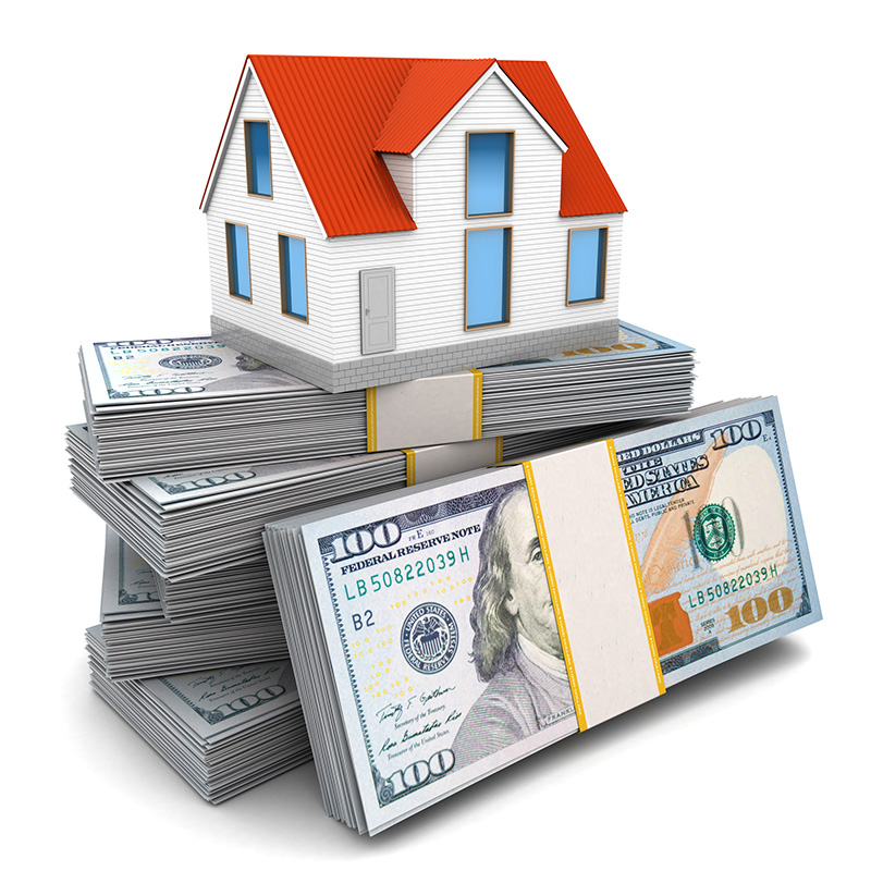 Home Valuation - picture of a house on a stack of cash.