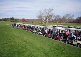 Golf carts in line at course